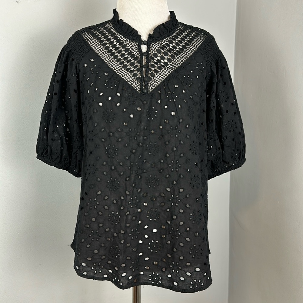 Crochet Lace and Mesh Peasant Top Sz S